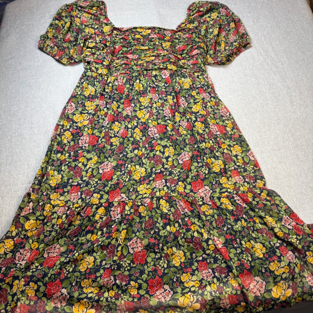 Lauren Conrad Floral Smocked Midi Dress XXL Multi Color Puff Sleeve Square Neck
